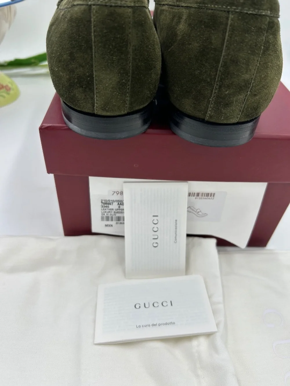 Men’s Gucci Jordy Guccissima Olive Green Suede Loafers. Size 8. Made in Italy.